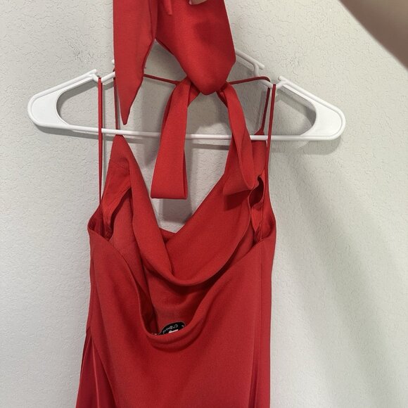 Cushnie Target Red Cowl Neck Slip Midi Dress Womens 6 Satin Leg Slit Tie Neck - Picture 5 of 10
